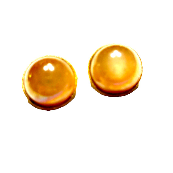Vintage Mid Century Clip On Earrings Peach Moonglow Rounds Domes Gold Trim Chic - Picture 1 of 8